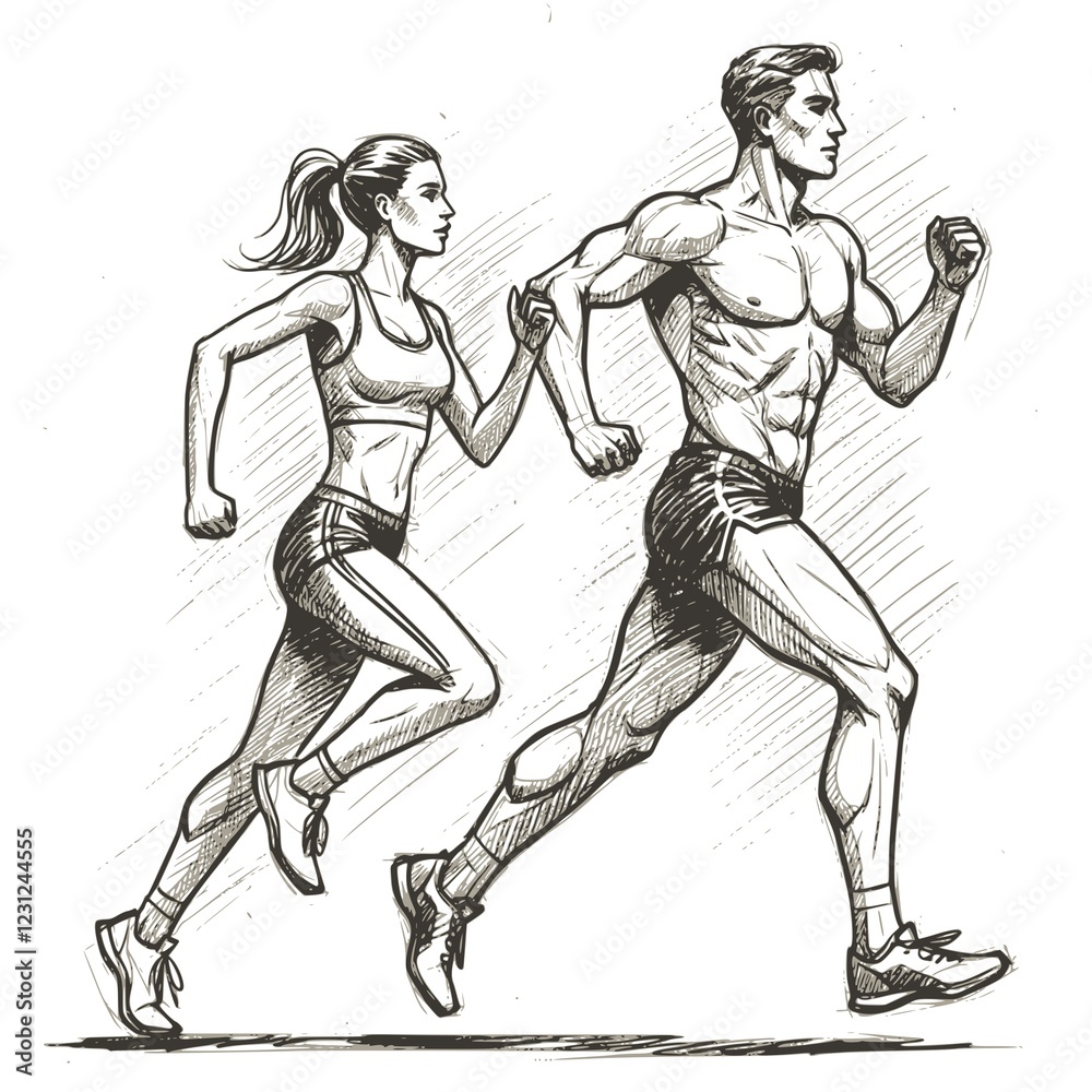 Fototapeta premium Running man and woman, isolated vector charcoal silhouettes. Run, side view. Charcoal sketches of athletic looking male and female runners running. JPEG version.