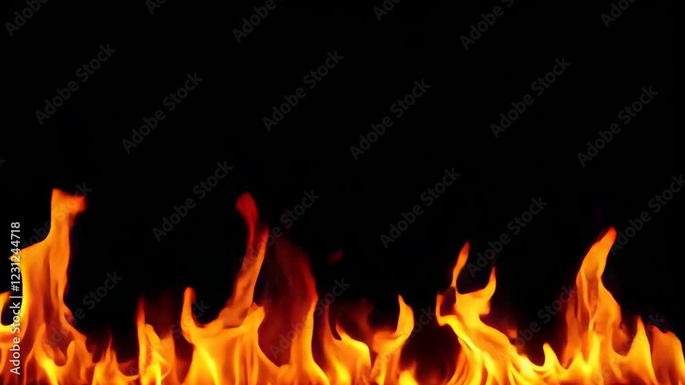 Inferno: A fiery inferno blazes against a stark black background, its intense orange and yellow flames licking upwards with dramatic energy. Inferno: A fiery inferno blazes against a stark black background, its intense orange and yellow flames licking upwards with dramatic energy.
