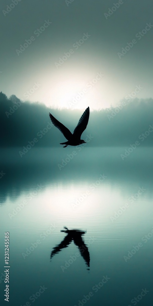 Silhouette of Bird in Flight over Misty Lake Silhouette of Bird in Flight over Misty Lake