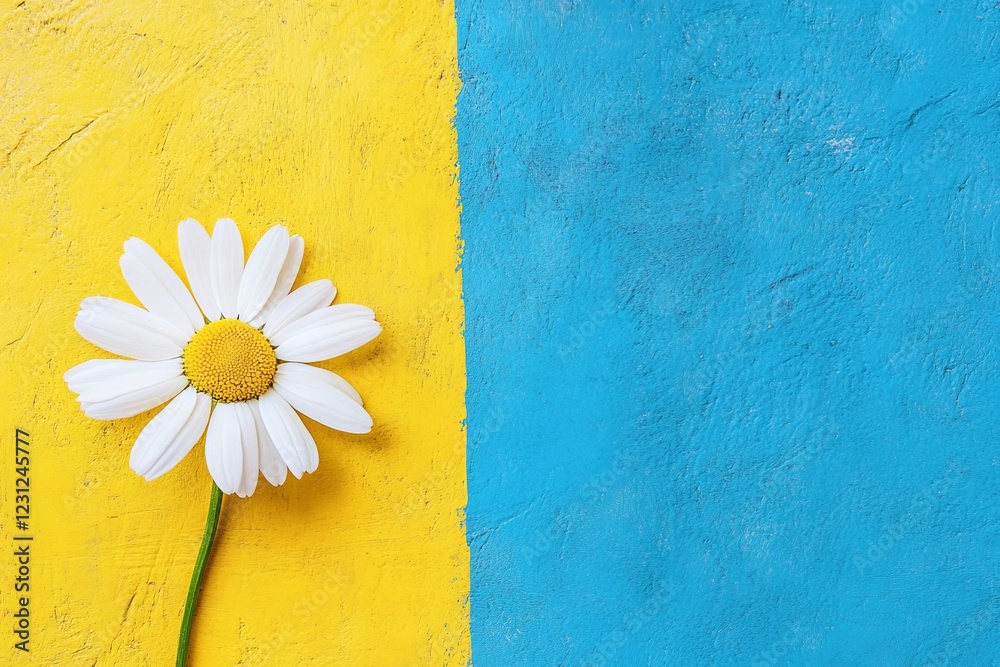 Obraz premium A single white daisy against a textured yellow and blue background, highlighting contrast and simplicity.