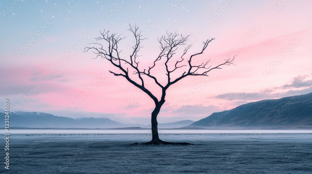 Barren Tree Against Colorful Sky at Dawn in Serene Landscape Barren Tree Against Colorful Sky at Dawn in Serene Landscape