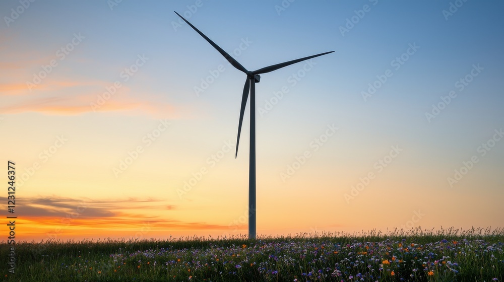 Wind Turbine in Field of Flowers During Vibrant Sunset Sky Wind Turbine in Field of Flowers During Vibrant Sunset Sky