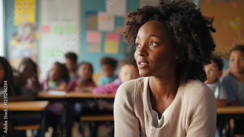 Attentive teacher observing students in a classroom setting.  Focus on the teacher's thoughtful expression.