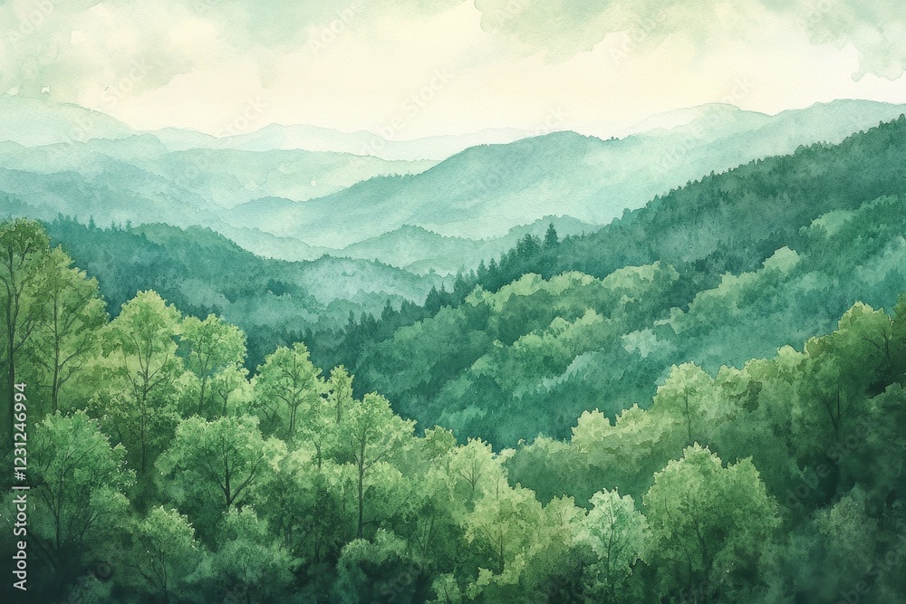 Fototapeta premium Misty Mountain Watercolor Landscape