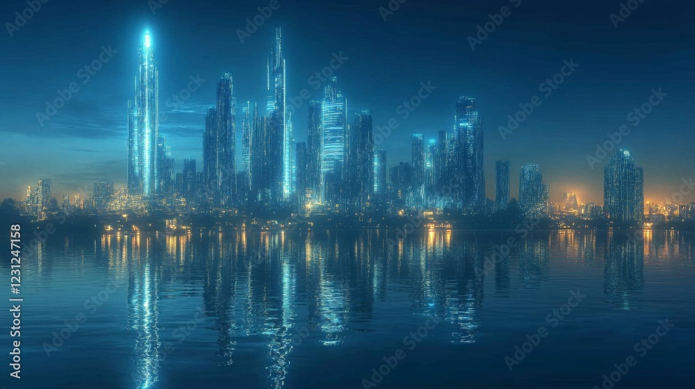 Fototapeta premium Futuristic City Skyline at Night with Glowing Blue Lights and Water Reflection