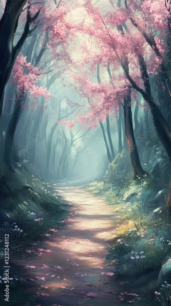 Fototapeta premium Enchanted Pink Forest Path: A Dreamy Spring Landscape