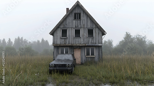 Abandoned house, foggy field, car, rural scene, mystery photo