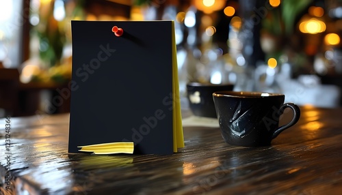 Sipping coffee and jotting ideas cozy indoor creative space still life of cup and note board warm lighting atmosphere photo