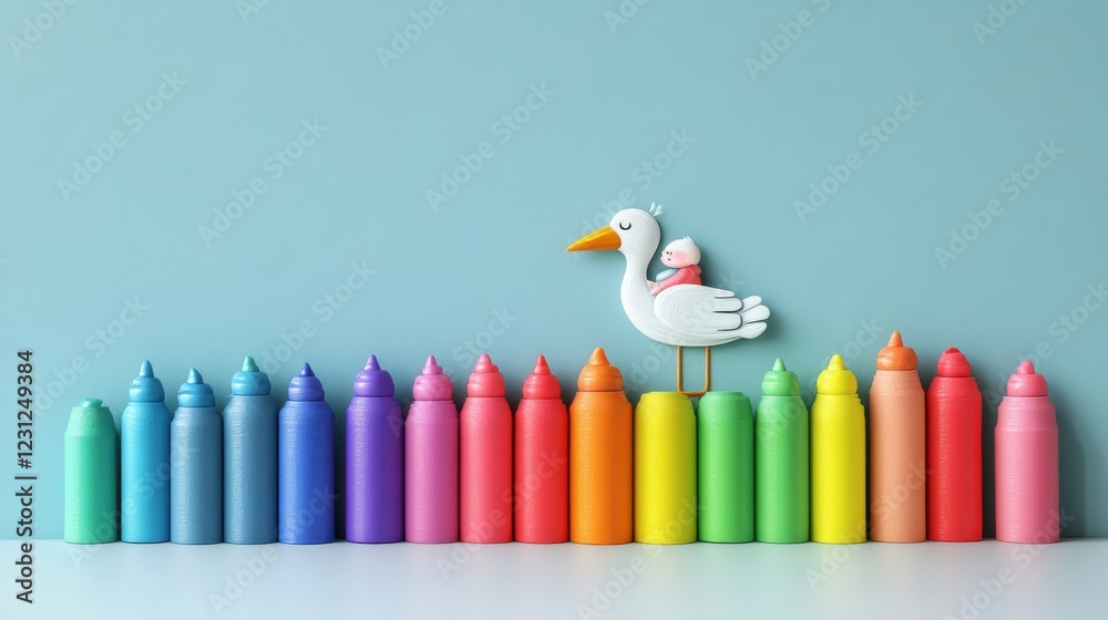 Fototapeta premium Colorful bottles and a stork carrying a baby, a cute illustration perfect for baby announcements or nursery decorations.