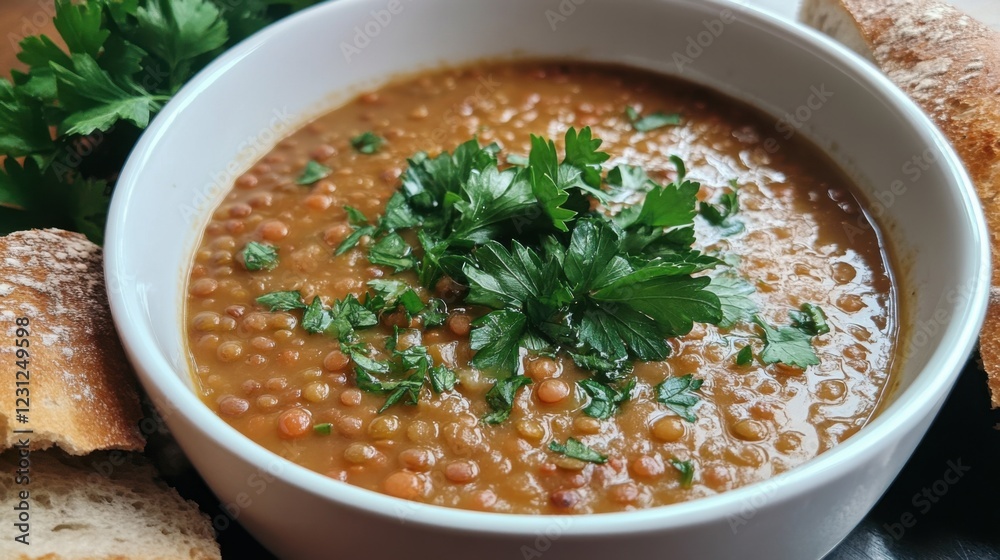 Delicious lentil soup preparation home kitchen food photography cozy environment close-up view comfort food concept Delicious lentil soup preparation home kitchen food photography cozy environment close-up view comfort food concept
