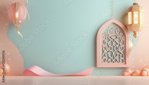 Elegant Pastel Ramadan Background Pink Lanterns Arch Balloons Festive Islamic Decor photo