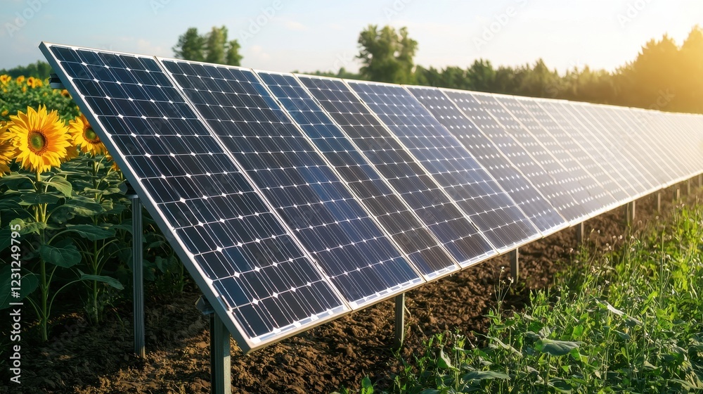 Solar Panels in Field Surrounded by Sunflowers and Greenery Solar Panels in Field Surrounded by Sunflowers and Greenery