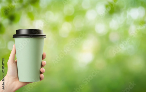 hand holding reusable coffee cup against blurred green background, promoting sustainability and eco friendliness photo