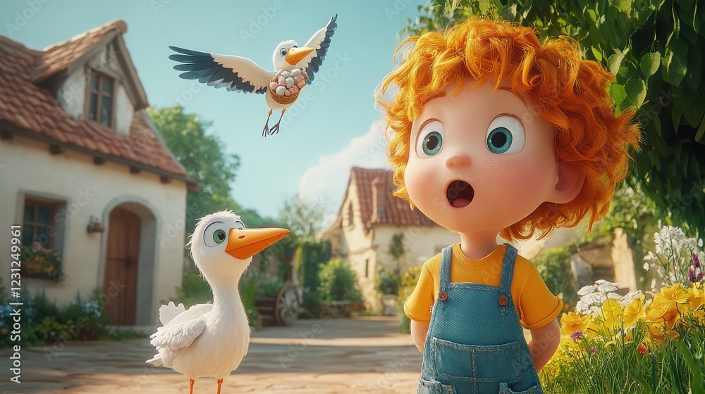 A child's amazed expression as storks deliver eggs.  A whimsical animated scene filled with charm and wonder.