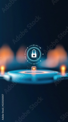 Digital security concept with lock icon and glowing elements.