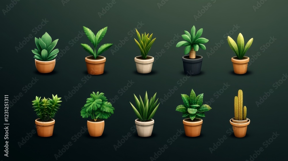 42.A well-organized collection of vector icons showcasing potted plants in various sizes and shapes, each rendered with subtle gradients and fine detail. 42.A well-organized collection of vector icons showcasing potted plants in various sizes and shapes, each rendered with subtle gradients and fine detail.