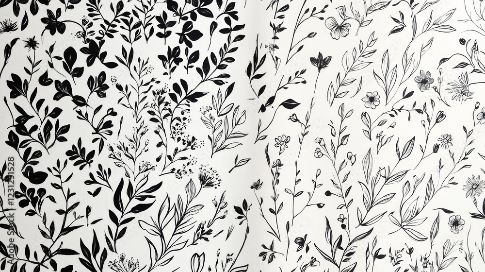 107.Two coordinated patterns featuring wildflower fields and clusters of plants, blending intricate line art with a modern aesthetic for decorative use. 107.Two coordinated patterns featuring wildflower fields and clusters of plants, blending intricate line art with a modern aesthetic for decorative use.