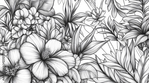 Wallpaper Mural 71.A detailed seamless wallpaper featuring hand-drawn garden plants intertwined with tropical flowers, emphasized by fine lines and a clean, airy layout. Torontodigital.ca