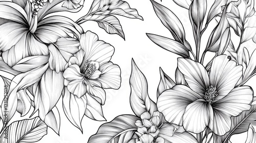 Wallpaper Mural 71.A detailed seamless wallpaper featuring hand-drawn garden plants intertwined with tropical flowers, emphasized by fine lines and a clean, airy layout. Torontodigital.ca