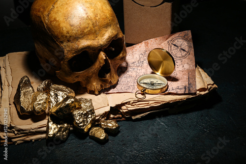 Human skull with old manusc...
