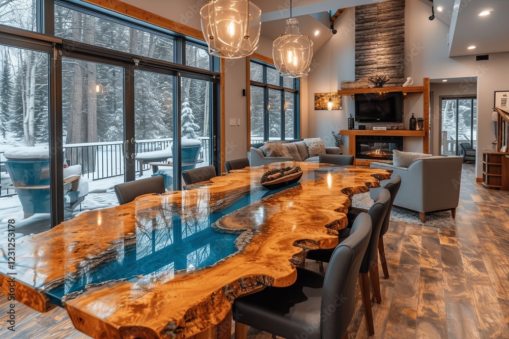 Fototapeta premium Rustic Epoxy Resin Dining Table in Cozy Living Room
