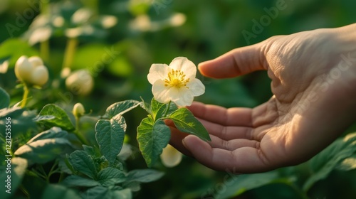 59.A macro perspective of a hand tenderly cradling a blooming potato flower, its soft petals and golden stamens framed by healthy, verdant foliage in the field.
