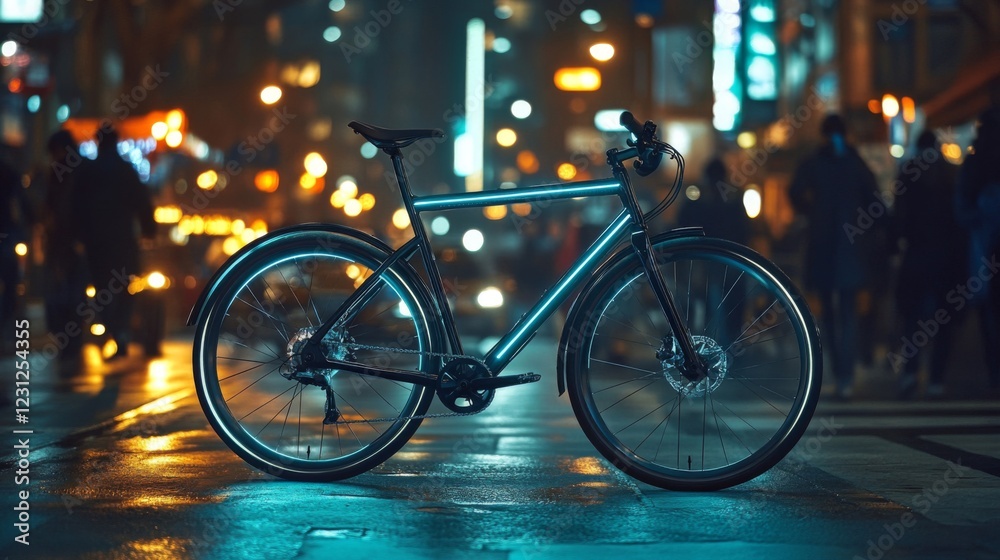 Sleek Teal Bicycle on Wet City Street at Night Sleek Teal Bicycle on Wet City Street at Night