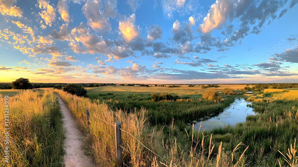 Obraz premium Sunset path beside river in pampas grassland