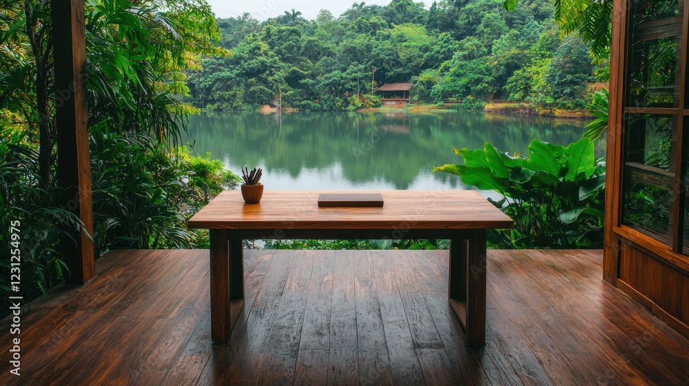 Serene Wooden Table Overlooking Tranquil Lake Surrounded by Lush Greenery Serene Wooden Table Overlooking Tranquil Lake Surrounded by Lush Greenery