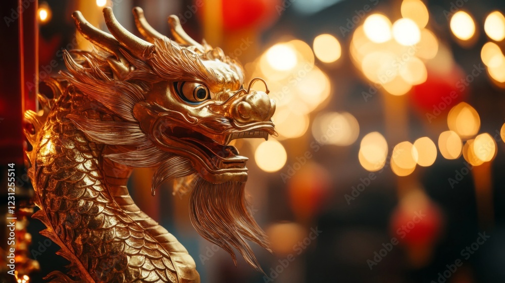 Fototapeta premium Golden Dragon Statue Close Up at Night with Warm Lights