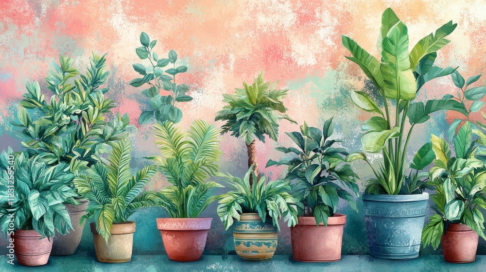 Obraz premium 39.A seamless pattern of stylized potted plants with various textures, vibrant greens, and decorative pots, arranged symmetrically on a pastel background.