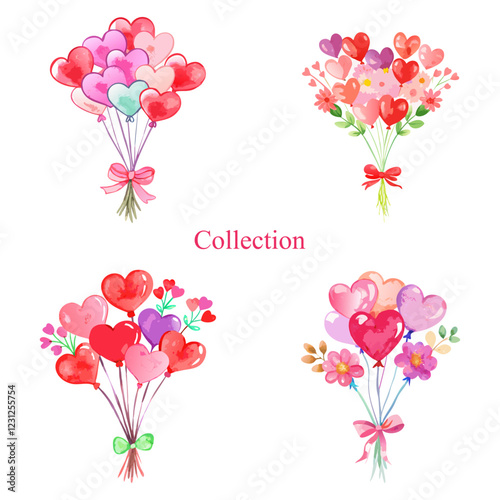 Set Of Watercolour Bunch Balloon With Flower Vector Illustration