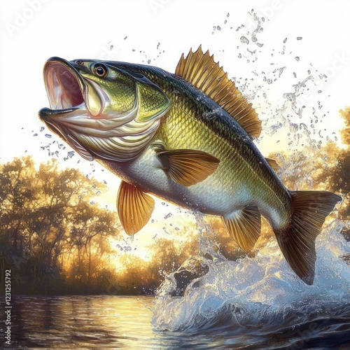 Largemouth Bass Leaping Out of Water Realistic Illustration Traditional Wildlife Art