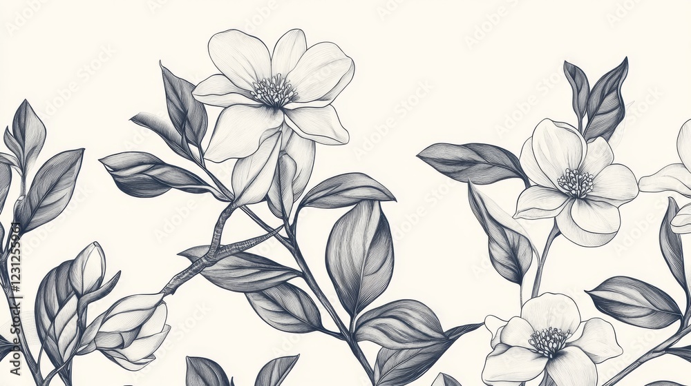 Fototapeta premium 92.A set of continuous line drawings of plants, featuring intricate black sketches of flowers and leaves, elegantly isolated on a clean white background for a modern aesthetic.