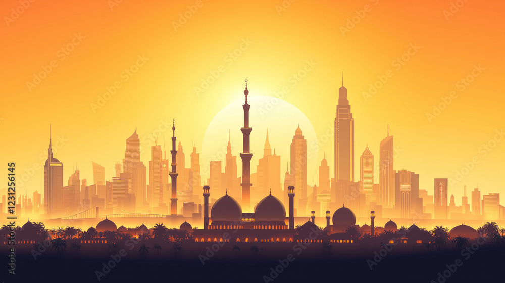 A detailed 3D vector of an urban mosque featuring iconic mosque nabawi A detailed 3D vector of an urban mosque featuring iconic mosque nabawi