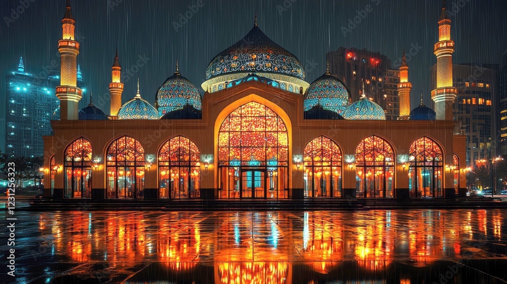 Fototapeta premium Majestic Illuminated Mosque at Night in the Rain