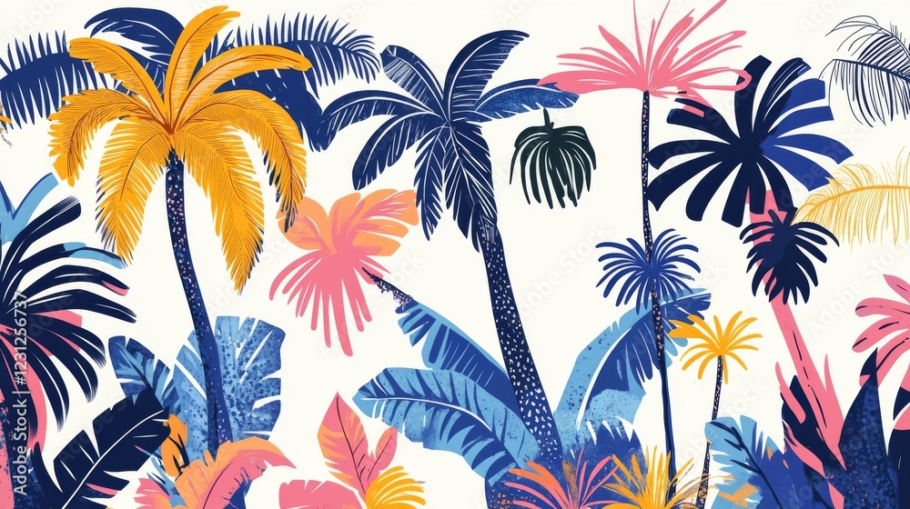 64.A variety of cartoon palm tree illustrations with exaggerated leaves and curved trunks, rendered in cheerful summer colors on a simple white canvas. 64.A variety of cartoon palm tree illustrations with exaggerated leaves and curved trunks, rendered in cheerful summer colors on a simple white canvas.
