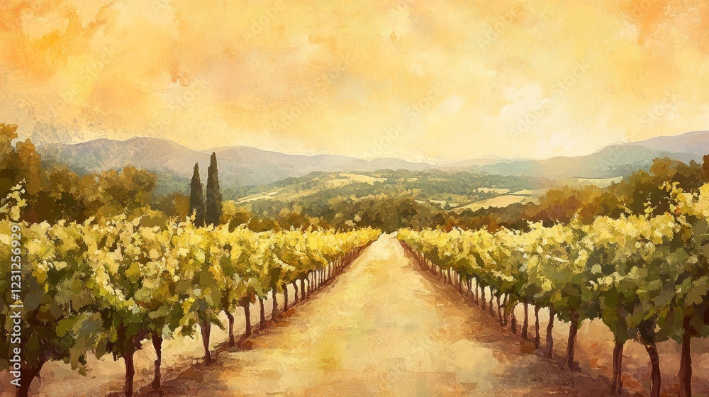 Fototapeta premium A painting of a vineyard with a long row of vines. The painting is done in watercolor and has a warm, inviting tone. Concept of tranquility and peacefulness