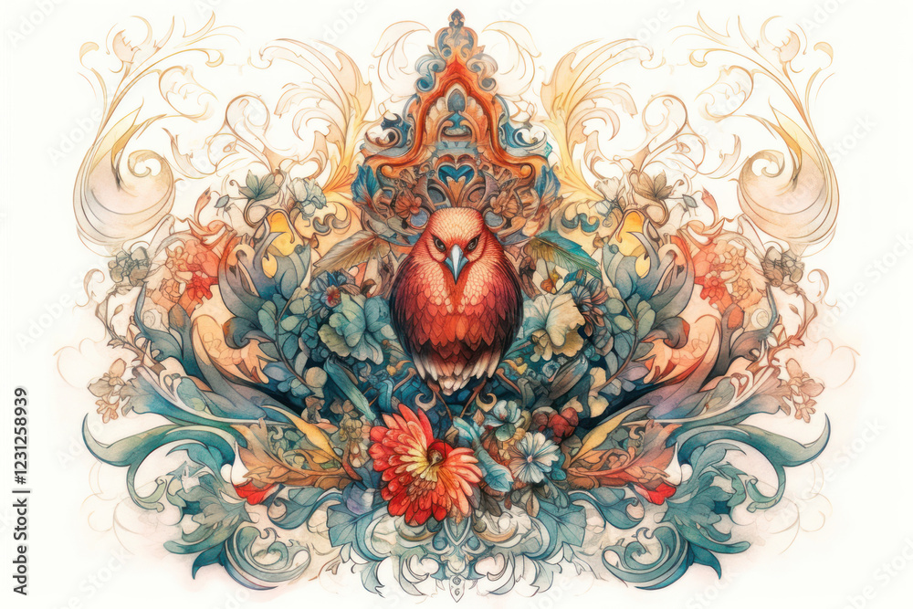 Fototapeta premium an exquisite and detailed pattern with a central element in the form of a bright red bird surrounded by ornamental floral elements. 