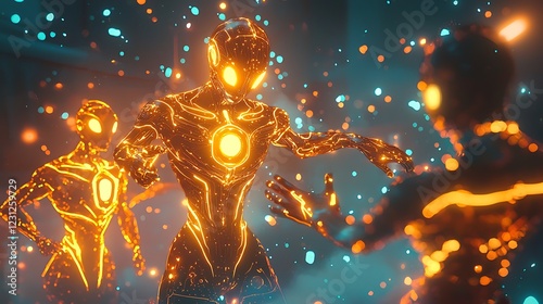 A futuristic AI storyteller animating glowing characters in a hyper-realistic sci-fi epic with radiant, intricate backgrounds.