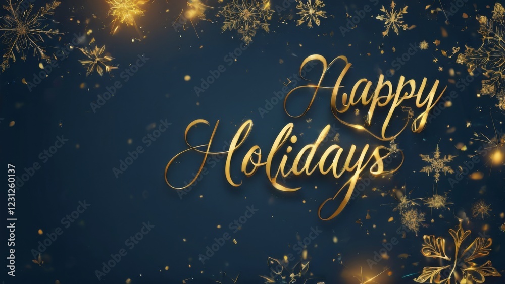 Luxurious and Festive Happy Holidays Background with Gold Text, Snowflakes, and Stars on Dark Blue Background. Luxurious and Festive Happy Holidays Background with Gold Text, Snowflakes, and Stars on Dark Blue Background.