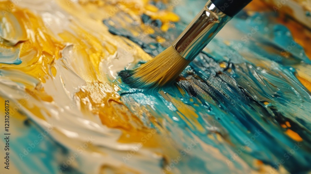 Fototapeta premium A brush is being used to paint a picture. The brush is blue and yellow. The paint is wet and the brush is being used to apply it to the canvas