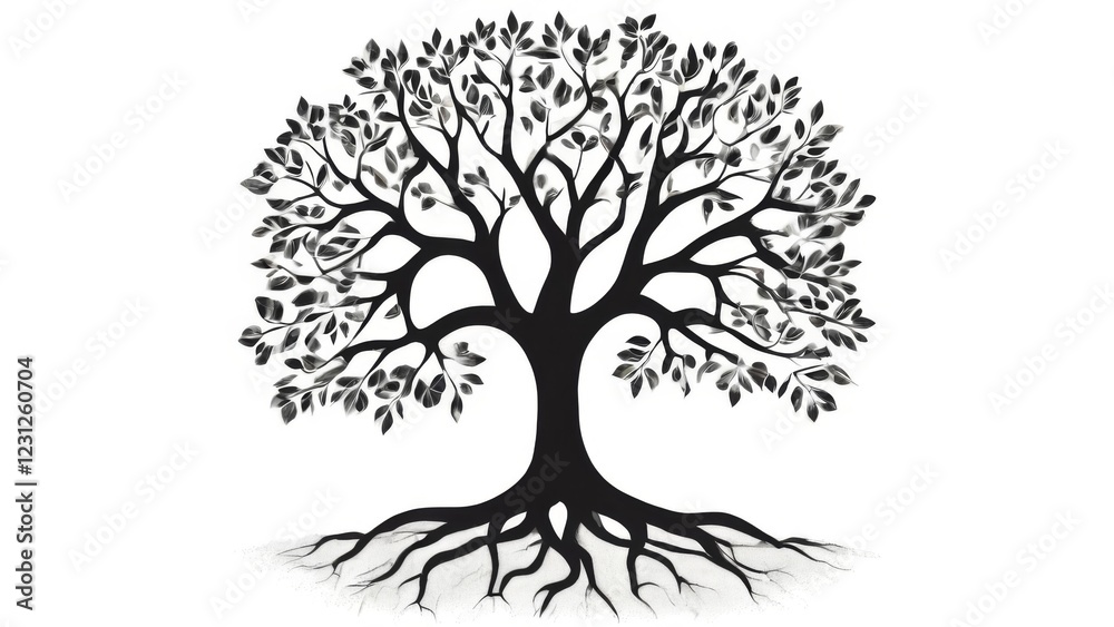 Obraz premium Minimalistic black and white tree illustration with symmetrical leaf pattern, visible roots, and simple design.