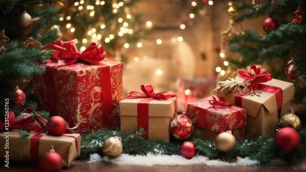 Festive Christmas Presents Under Decorated Tree with Snowy Background Festive Christmas Presents Under Decorated Tree with Snowy Background