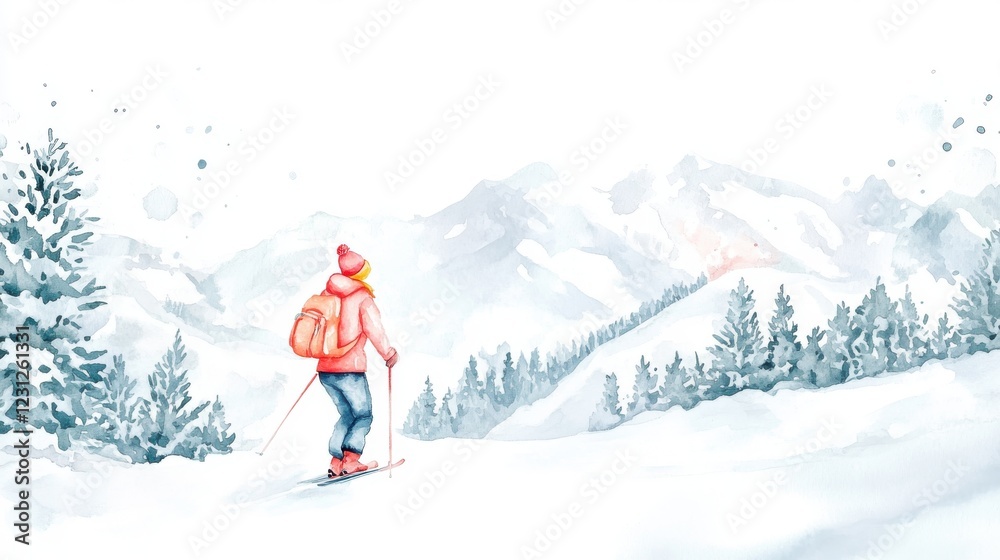 A skier enjoys a serene winter landscape, surrounded by snow-covered mountains and evergreen trees, embodying the thrill of winter sports and adventure. A skier enjoys a serene winter landscape, surrounded by snow-covered mountains and evergreen trees, embodying the thrill of winter sports and adventure.
