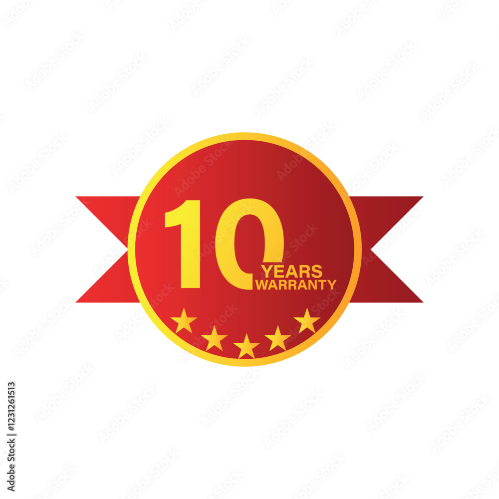 Modern red background reliable 10 year warranty red and golden gradient badge, sign, illustration, label, seal with red ribbon, on white background. Modern red background reliable 10 year warranty red and golden gradient badge, sign, illustration, label, seal with red ribbon, on white background.