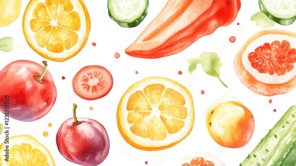 A vibrant array of fresh fruits and vegetables elegantly arranged on a white background, perfect for healthy lifestyle and cooking inspirations. A vibrant array of fresh fruits and vegetables elegantly arranged on a white background, perfect for healthy lifestyle and cooking inspirations.