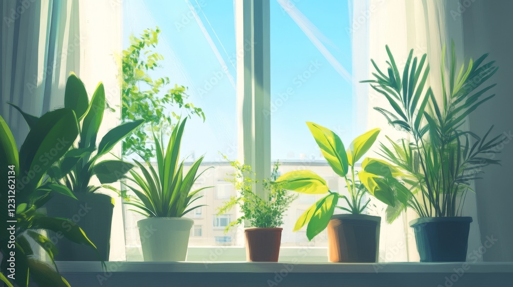 9.A bright and airy scene featuring several houseplants on a windowsill, their leaves glistening as they absorb the natural light, with a clear sky visible outside. 9.A bright and airy scene featuring several houseplants on a windowsill, their leaves glistening as they absorb the natural light, with a clear sky visible outside.