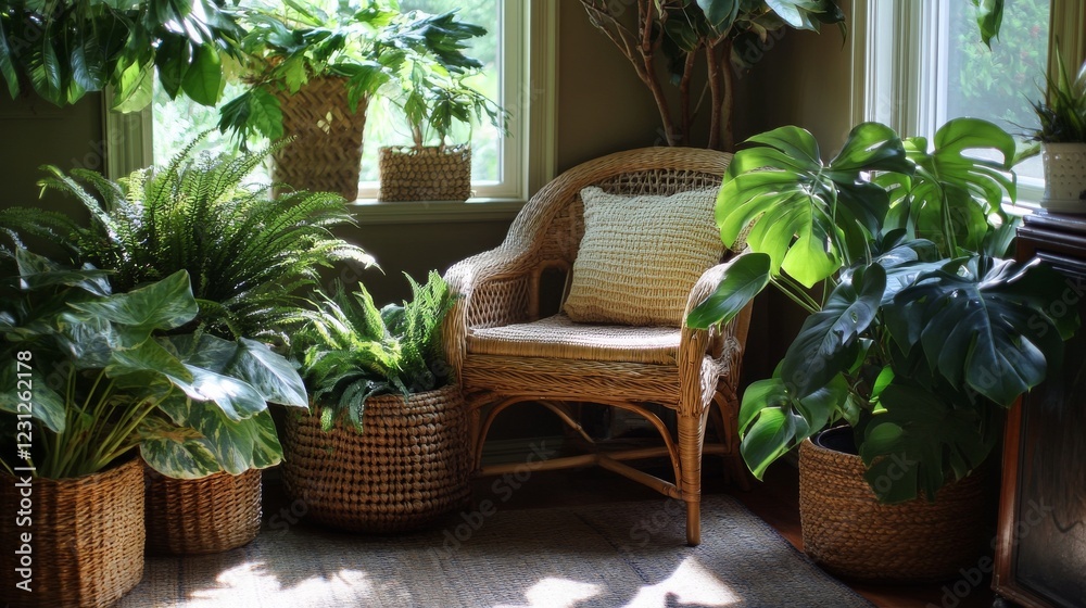 114.A bright indoor corner decorated with a variety of lush plants in woven baskets, with monstera and epipremnum gracefully placed near a wooden chair, creating a natural and inviting living space.