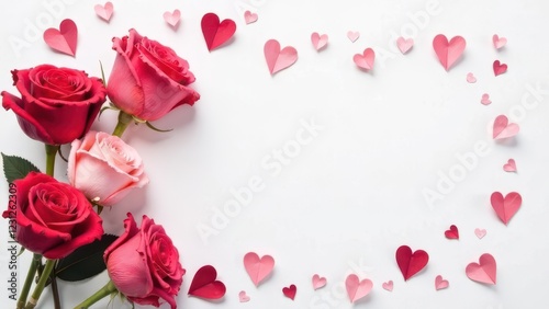 This picture shows beautiful roses and scattered hearts. Five bouquets of roses in various shades of red and pink are located in the lower left corner. Scattered around them are paper or fabric hearts